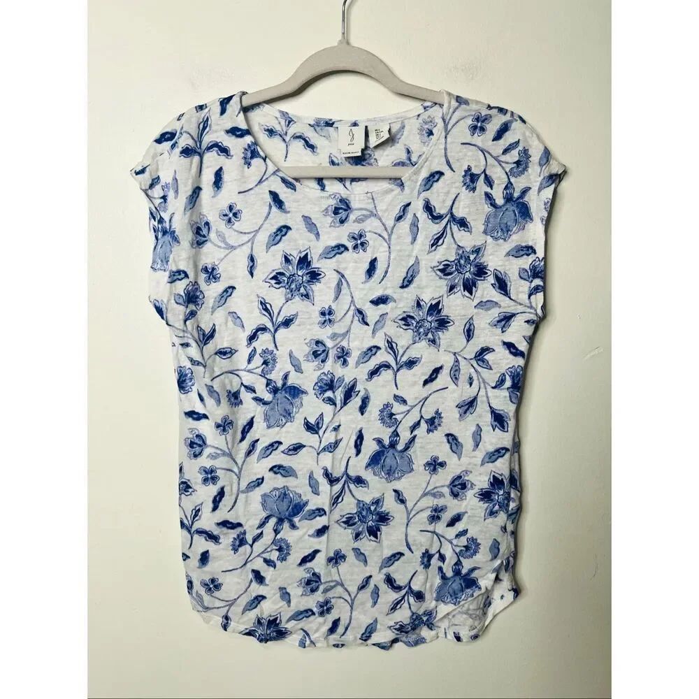 Joie White Linen Blue Floral Cap Sleeve Tee Shirt Sz L